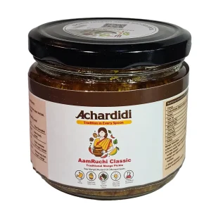 Achardidi traditional Indian pickles in glass jars with natural spices