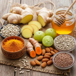 Top-down view of natural immunity-boosting ingredients including turmeric powder, fresh amla slices, raw almonds, sunflower seeds, flaxseeds, ginger root, and raw honey on a rustic wooden table, styled for a premium health blog.”