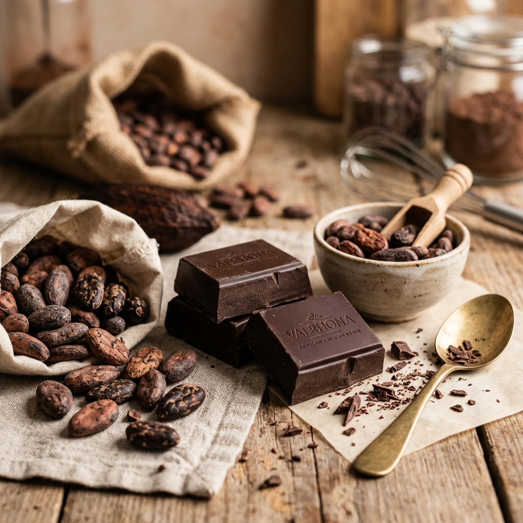 Premium couverture chocolate blocks and cocoa beans