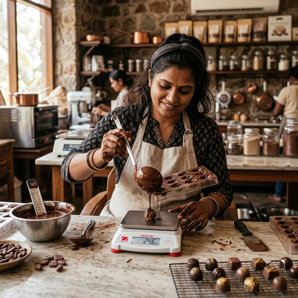 Skilled Indian woman artisan crafting chocolate products in a luxury workshop