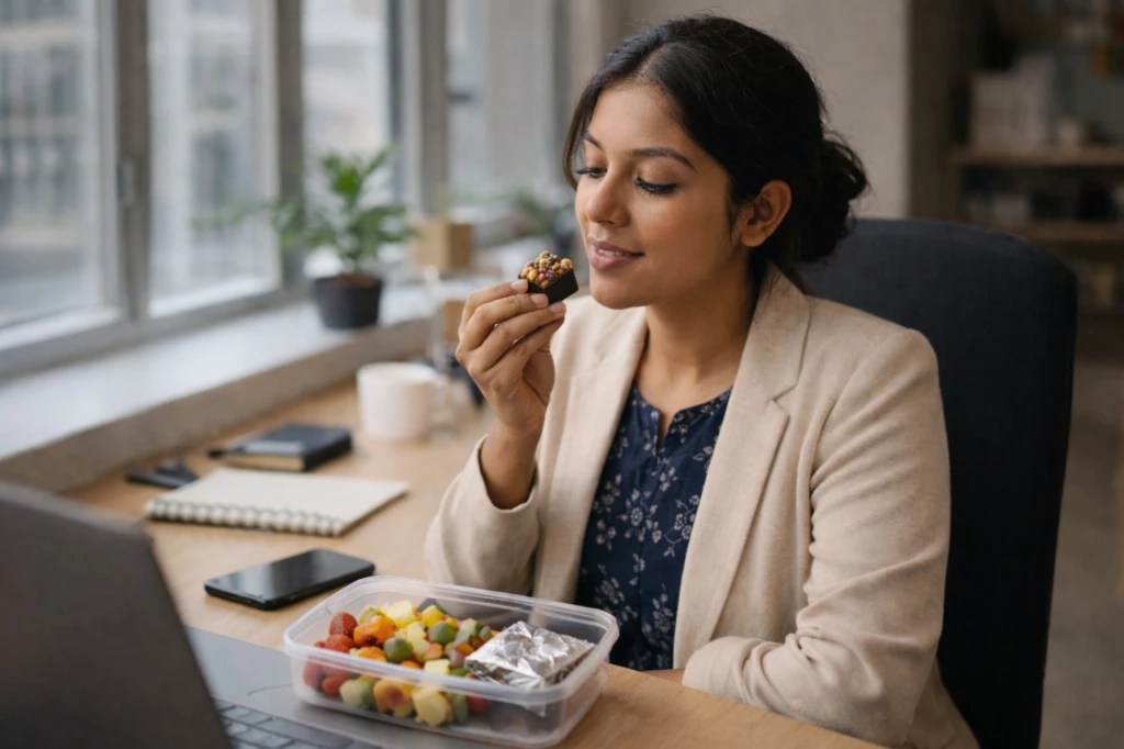 Indian professional woman enjoying a mindful, guilt-free chocolate treat at her desk