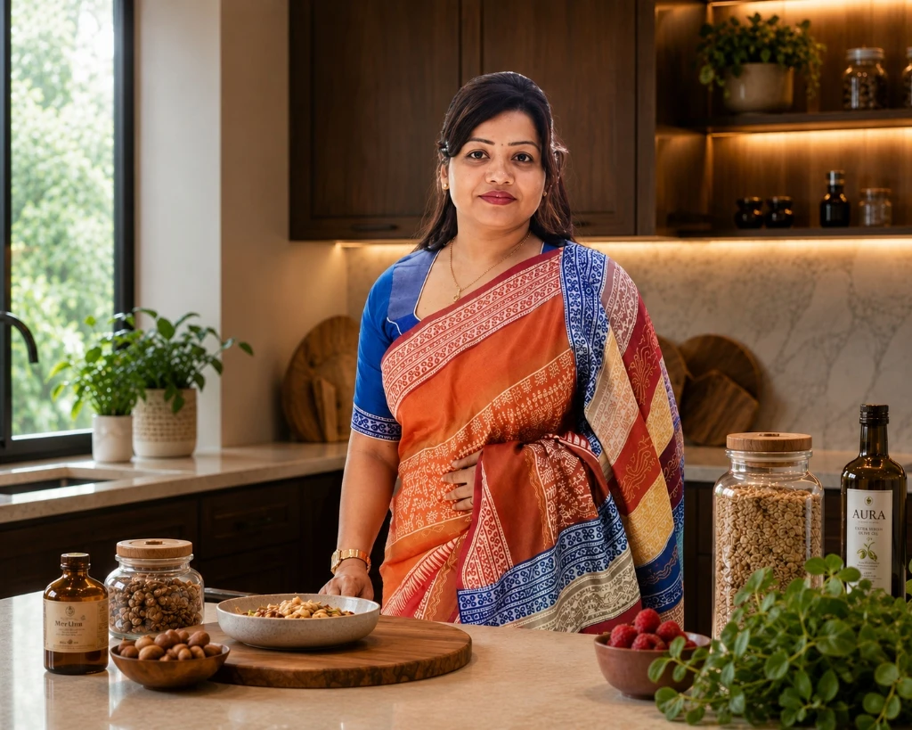 An Indian mother in a traditional saree standing in a warm, premium kitchen with natural ingredients representing the founder of HealthyCrave Cuisine