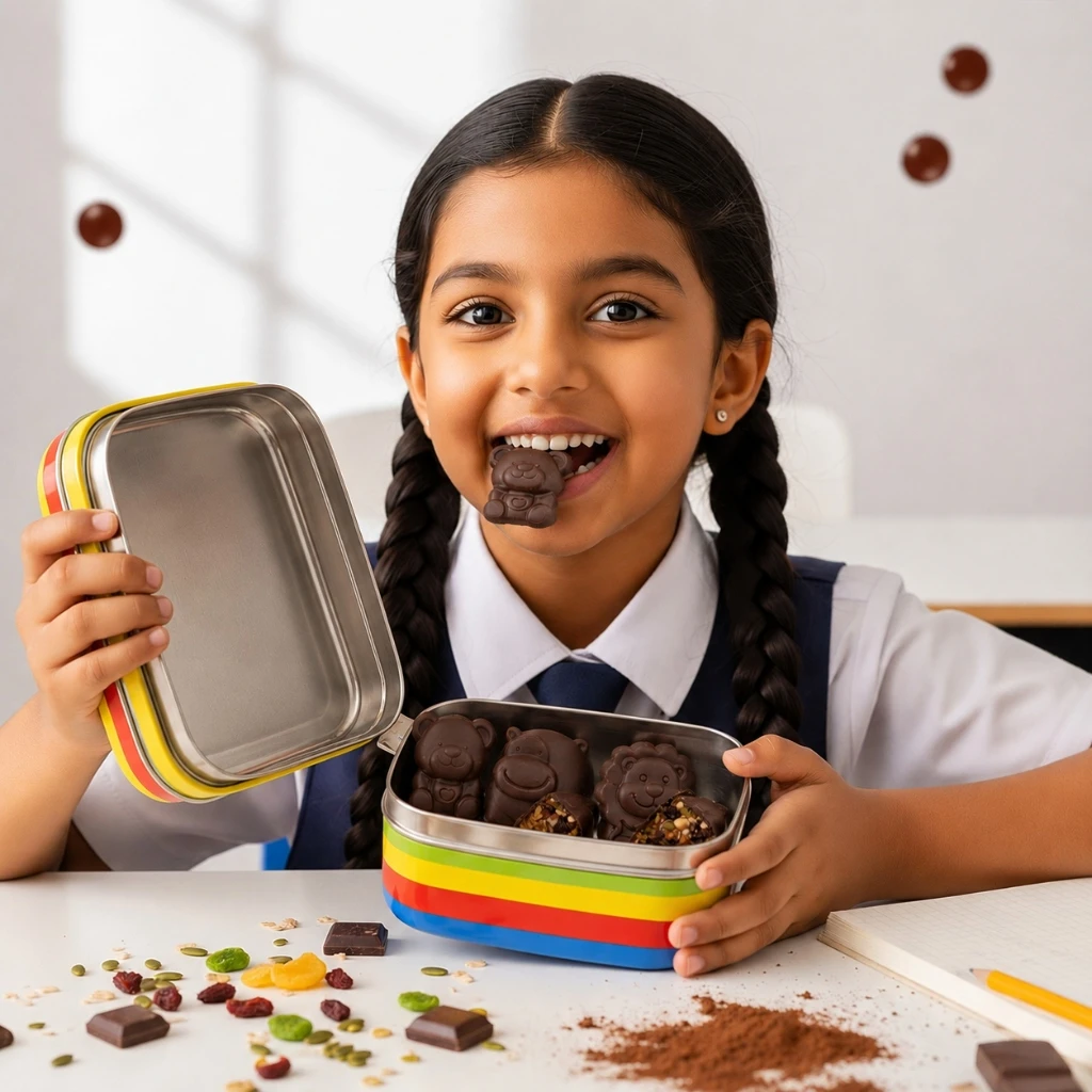 Happy Indian schoolgirl eating healthy, bear-shaped chocolate bites from her lunchbox