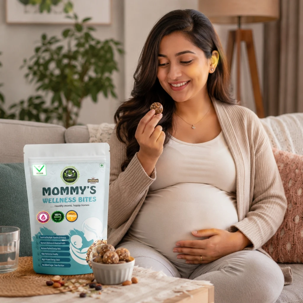 Pregnant Indian mother smiling and enjoying a nutritious wellness bite in her living room