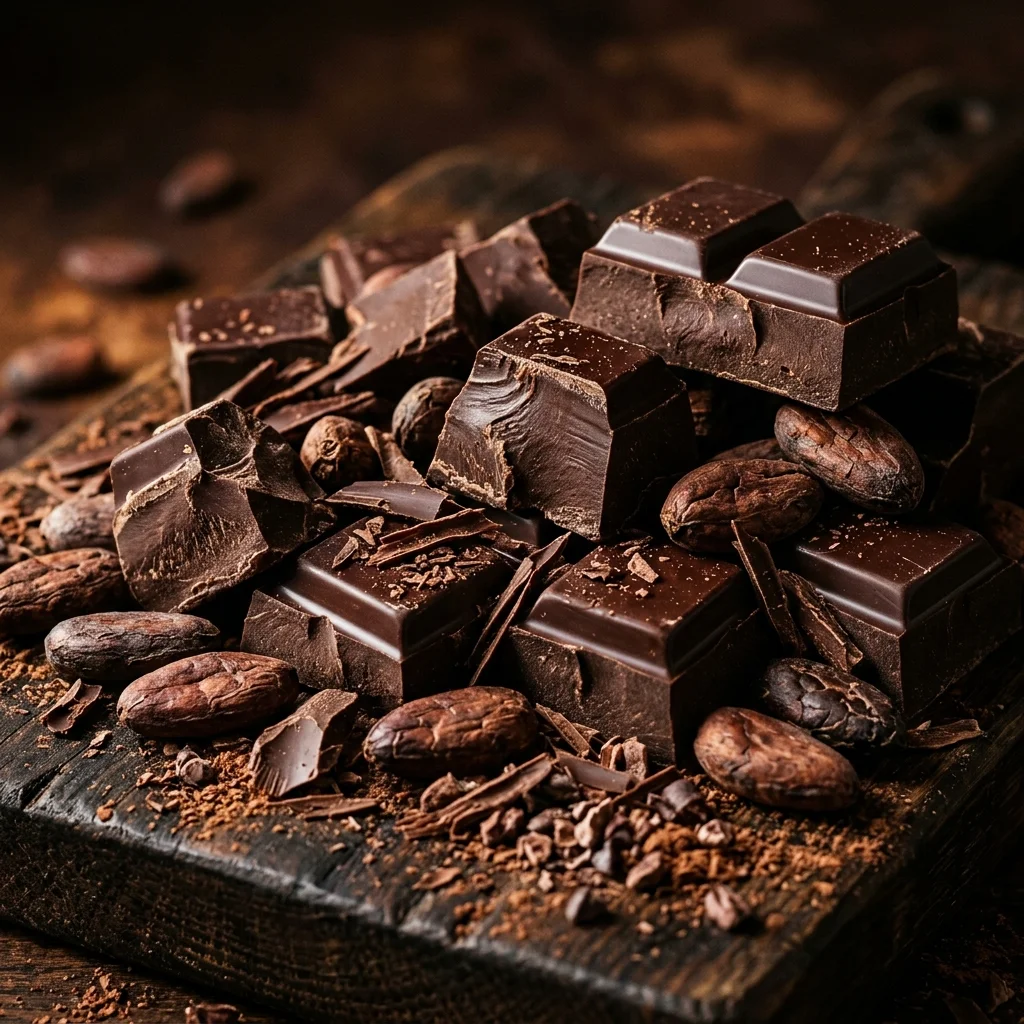 Real dark couverture chocolate blocks and cocoa beans showing glossy texture