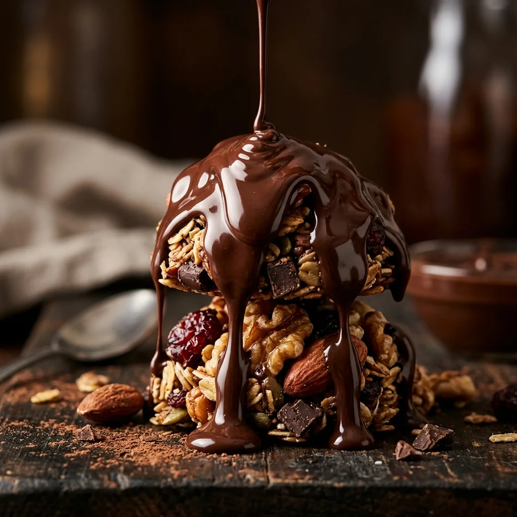 Silky chocolate coating melting smoothly over snack bite