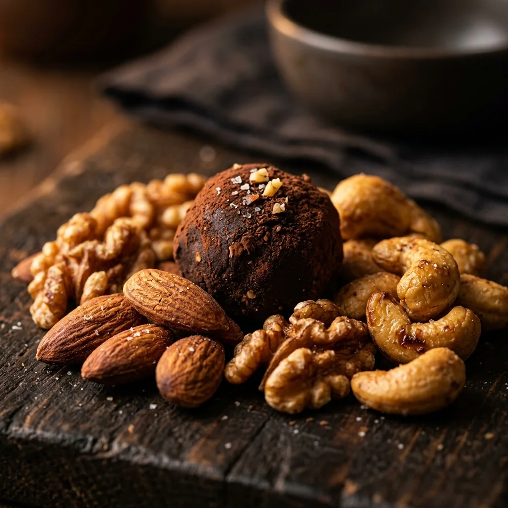 Close-up of premium roasted almonds and walnuts
