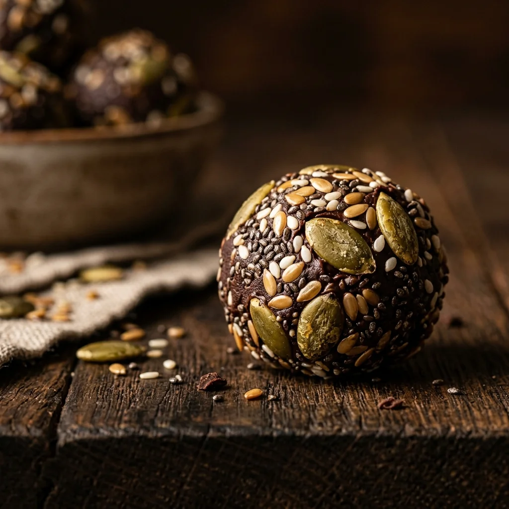 Detailed macro shot of chia, flax, and pumpkin seeds on snack surface