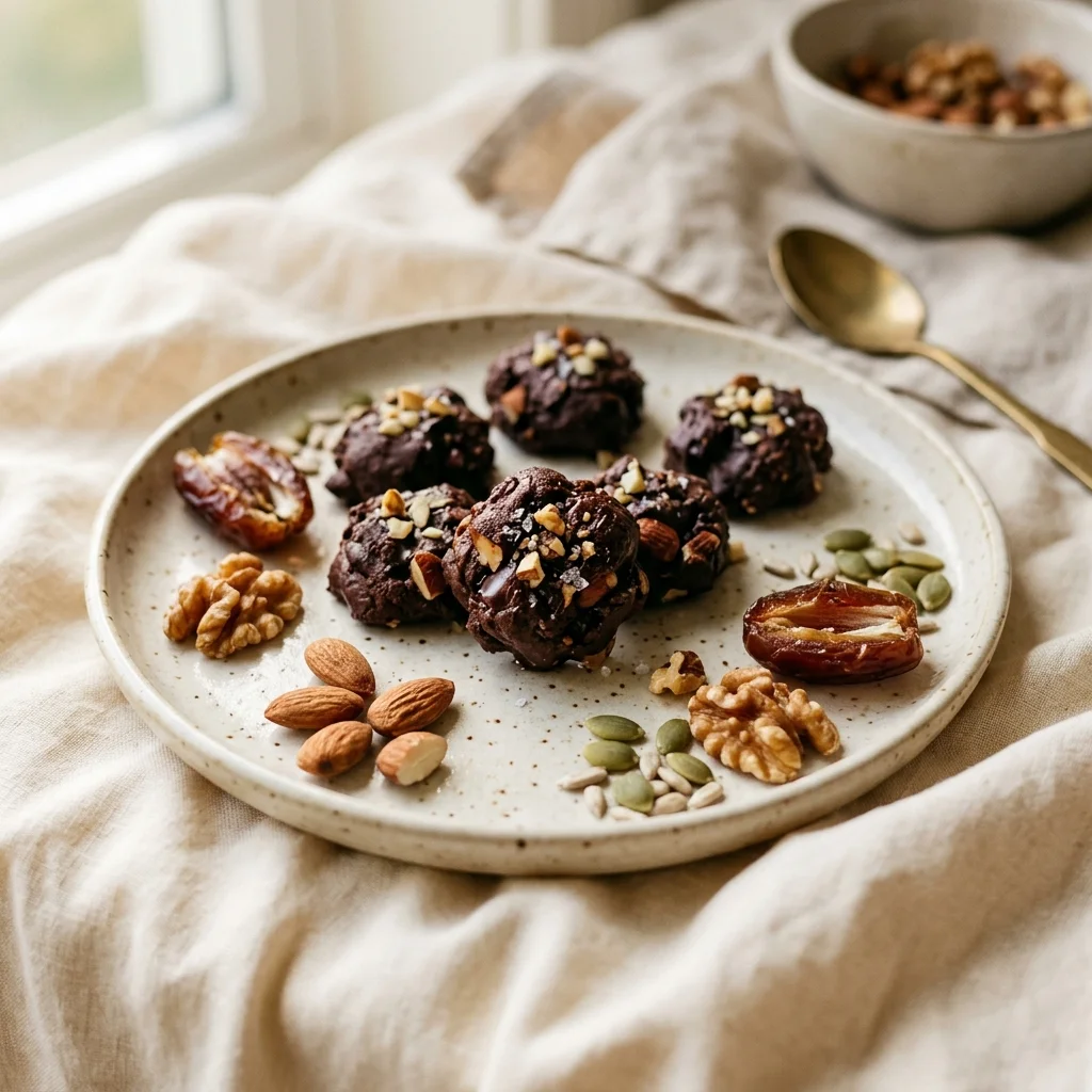 HealthyCrave bites, nuts, seeds, and chocolate on a refined cream-toned setup