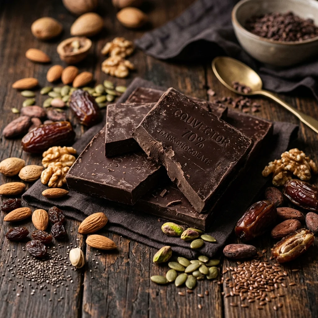 Dark couverture chocolate surrounded by almonds, walnuts, pistachios, dates, raisins, chia seeds, flaxseeds, pumpkin seeds, and cocoa beans